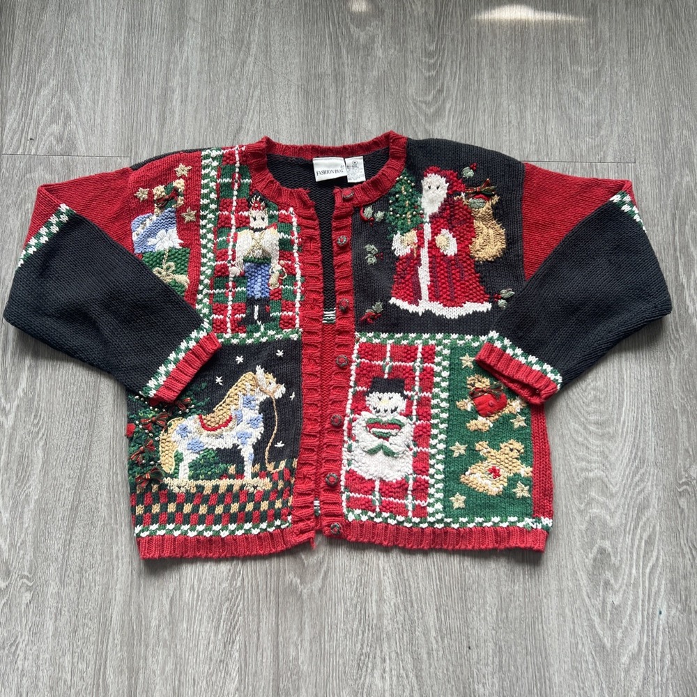 Vintage Fashion Bug Christmas Holiday Santa Knit Cardigan Sweater Embroidered M